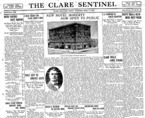Front Page of The Clare Sentinel announcing the opening of the new hotel in Clare. 